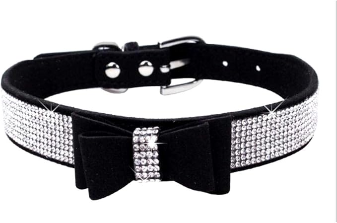 Rhinestone Dog Collar, Cute Dazzling Sparkling Soft Suede Leather Dog Cat Rhinestone Collar Crystal Diamond Pet Dog Puppy Collar (XS, Black-1)