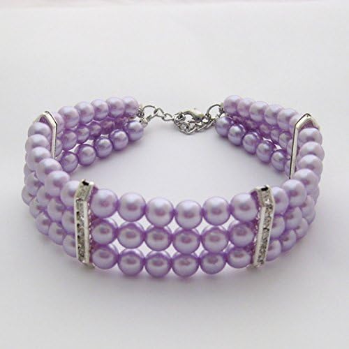 Fancy 3 Row Pearls Diamond Dog Necklace Collar Jewelry with Bling Rhinestones for Pets Cats Small Dogs Girl Teacup Chihuahua Yorkie Clothes Costume Outfits (Purple, 8 to 10-Inch)