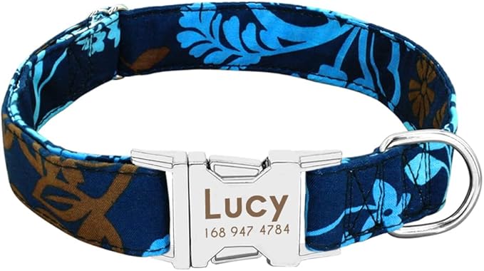 Personalized Dog Collar Nylon Print Dog Collars Customized Puppy Pet Collar Engraved Name ID for Small Medium Large Big Dogs Pug 011 Blue M