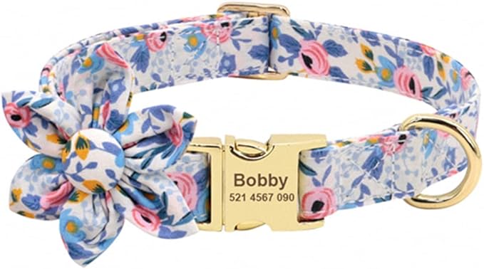 Custom Flower Dog Collar Nylon Floral Printed Pet Dog Collars Personalized Puppy Collar for Small Medium Large Dogs Cat Pitbull 145 Blue S