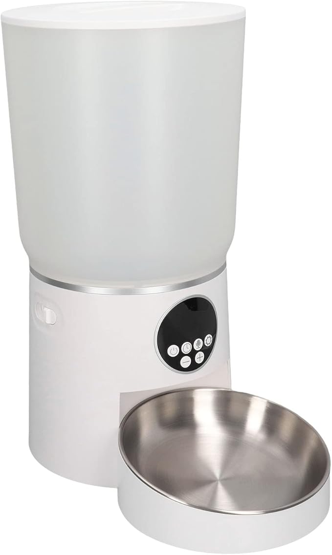 Automatic Pet Feeders, 5L Dual Power Support Smart Timing ABS Cat Dog Food Dispenser with Stainless Steel Bowl (Button