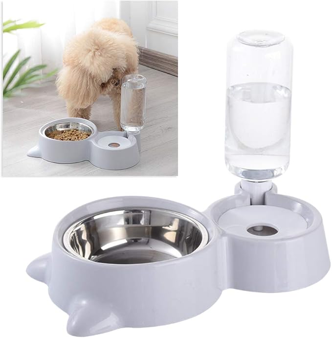 Baluue Pet Dual Water Food Feeder for Cats and Dogs Automatic Drinking Bowl Smooth Convenient Grey Color for Home Decor