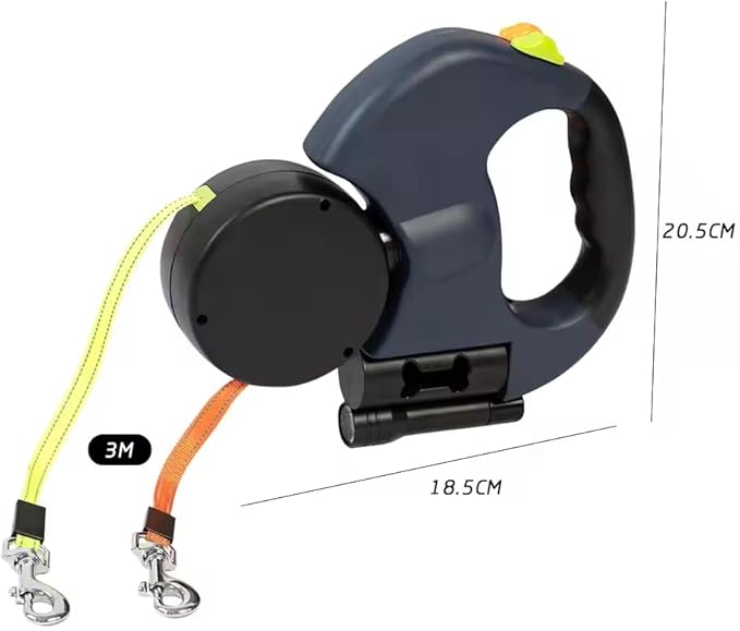 Dual Dog Retractable Leash with Flashlight & Poop Bag Holder, 360° Rotating Double Pet Leash for Small to Large Dogs – Hands-Free Dog Walking Accessory (C)