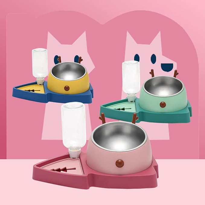 3 in 1 Pet Tableware Dog Food Bowl Automatic Waterer Tilted Elevated Stainless Steel Bowl with Slow Feeder 3 Colors Pet Automatic Feeder and Waterer