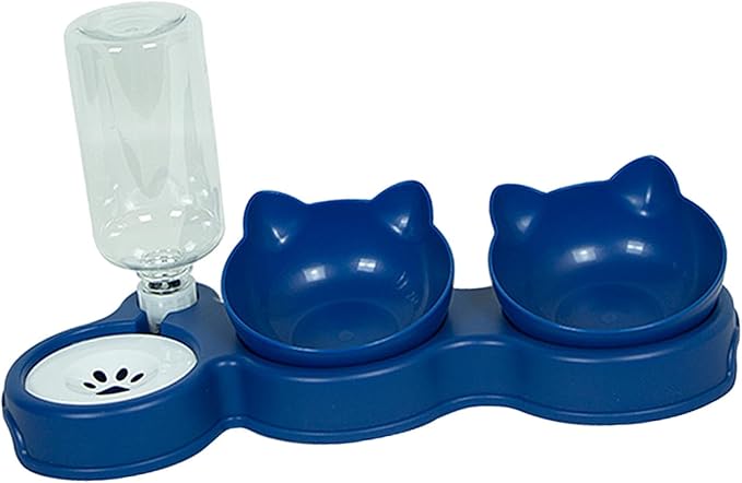 3 in 1 Dog Cat Bowls Water and Food Bowl Set Pet Feeder with Automatic Waterer Bottle Feeding Bowls for Puppy Small or Medium Size Dogs Cats, Dark Blue