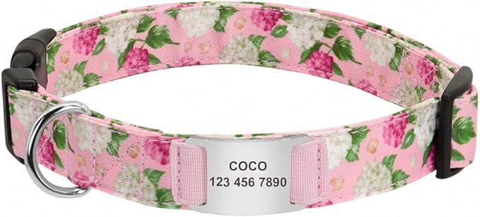 Flower Printed Dog Collar Custom Nylon Puppy Pet Collar Personalized Pitbull Collars Pets Acessorios for Small Medium Large Dog Pink M