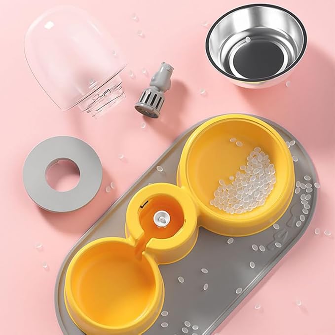 2 in 1 Dog Water and Food Bowl Set, Stainless Steel Automatic Cat Feeder Pet Water Dispenser Double Cat Bowls for Dogs Cats (Yellow)