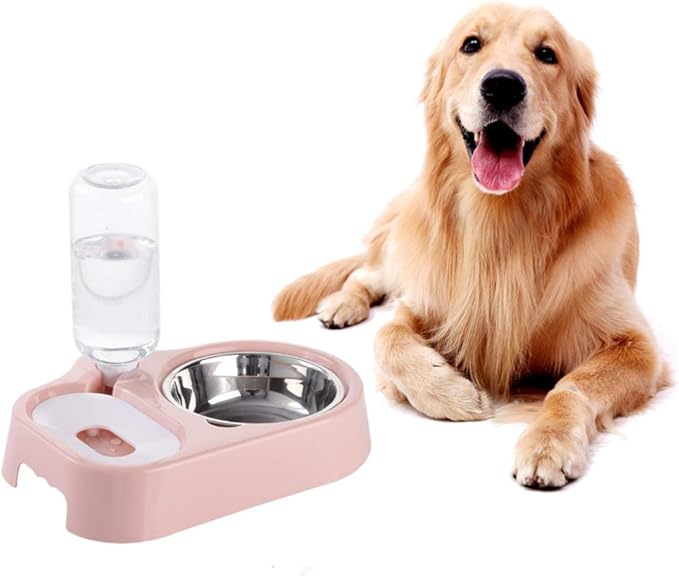 POPETPOP Dual Dog Bowls-Dog Water Dispenser Stainless Steel Pet Bowls No-Spill Station, Cat Food Water Feeder with Automatic Water Bottle-Pink