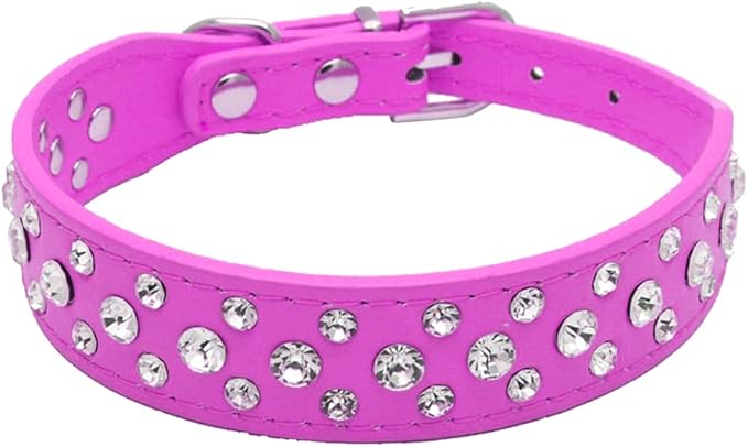 Rhinestone Dog Collar, Bling Rhinestone PU Leather Crystal Diamond Pet Dog Cat Puppy Collar Black S M L XL (L:30-36CM, Hot Pink)