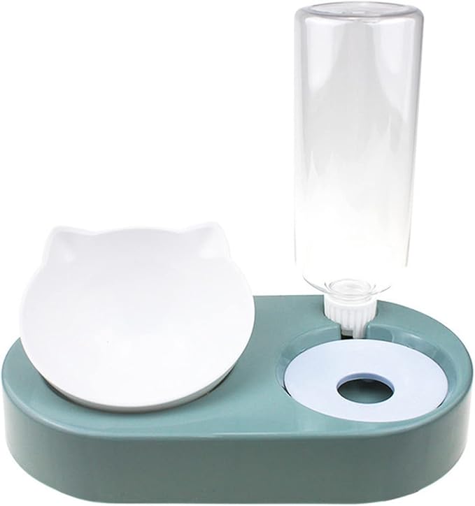 Dog Bowl with Stand Automatic Water Storage Dispenser Pet Cat Food 2-in-1 Splash-Proof Container Elevated Removable(Green)