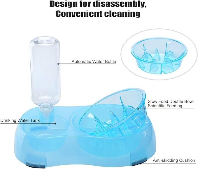 2 in 1 Pet Feeder Water Automatic Dispenser with Bottle, Dog Bowl Slow feeder, Dog Drinking Fountain Water Bowl for Dog Cat Puppy Kitty, Pet Food and Water Bowl set Pet water dispenser (Blue)