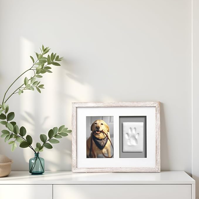 Pearhead Pet Pawprints Wall Picture Frame and Clay Impression Kit - DIY Clay Paw Print, Memorial Keepsake Frame for Cat and Dog, Ideal Home Decor Gift for Pet Owners, 4x6 Photo, Distressed White