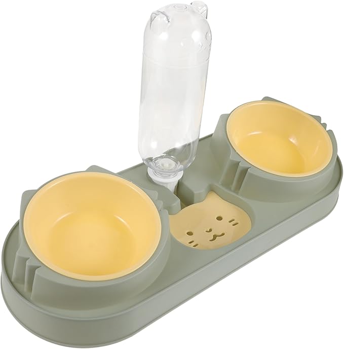 POPETPOP Double Bowl Pet Feeding Device with Water Dispenser Stable Skid Plastic Dog Cat Feeder Break and Easy to Clean Practical Food and Water Container for Pets Random Style Green