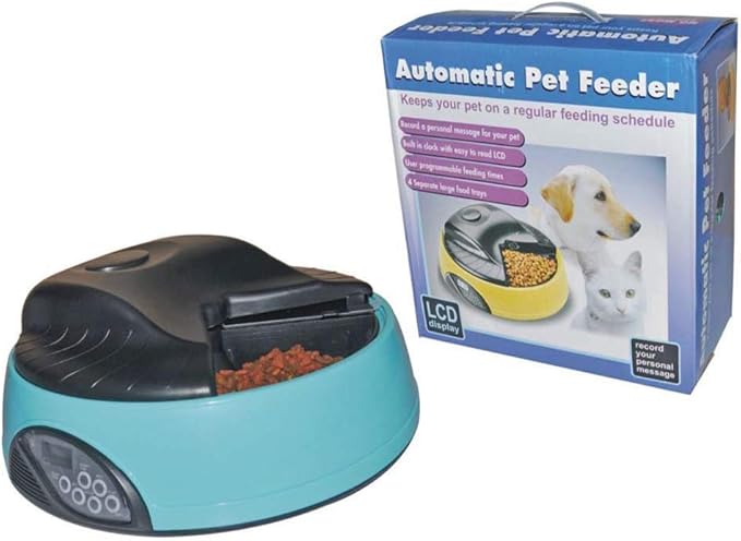 Ice Compartment Pet Automatic Feeder Cat Dog Feeding Dog 4 Meals Automatic Feeding Device Round Timing Quantitative Portable (Color : Yellow) (Blue)