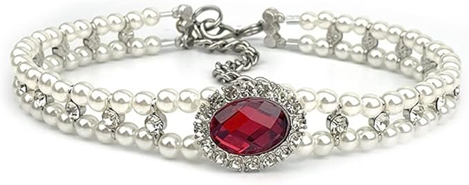 Pet Double Row Pearl Rhinestone Collar Cat Dog Necklace Adjustable Cute Gem Vintage Accessories