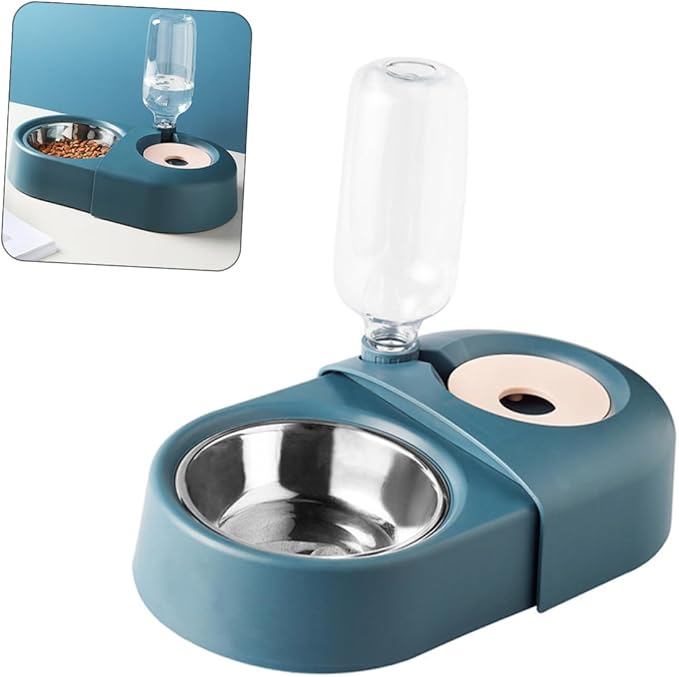 Automatic Dog Feeder Bowl with Water Dispenser, Blue Pet Feeding Basin for Cats and Dogs, Spill-Proof Food and Water Dish Suitable for Indoor Use