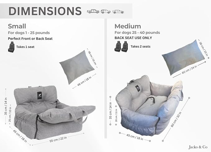 JACKO & CO Premium Dog Car Seat – Safe & Cozy Travel Bed and Carrier for Small Dogs, Puppies, Pets up to 25 lbs, Clip-On Leash & Storage Pockets, Water-Resistant, Machine Washable (Grey Small)