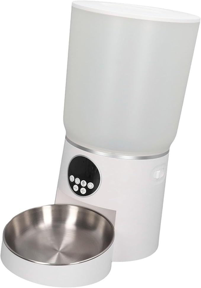 Automatic Pet Feeders, 5L Dual Power Support Smart Timing ABS Cat Dog Food Dispenser with Stainless Steel Bowl (Button