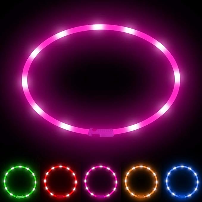 BSEEN Light Up Dog Collar, Silicone LED Pet Collar Rechargeable Glowing Puppy Necklace Safety Dog Lights for Night Walking (Pink)