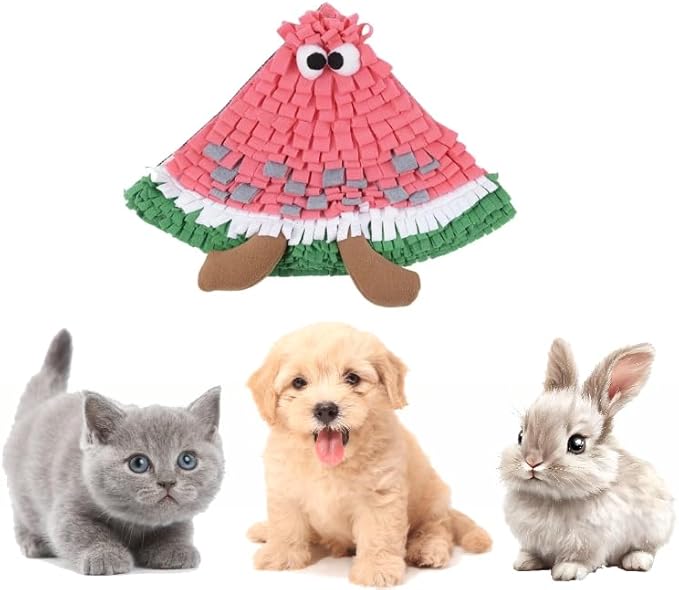Fruit Shaped Snuffle Mat for Dogs and Cats, Interactive Slow Feeding Toy with Crinkle Paper BB Squeaker and Bell, Peach Watermelon Lemon Pear Design, Soft Fleece with Non-Slip Bottom (watermelon)