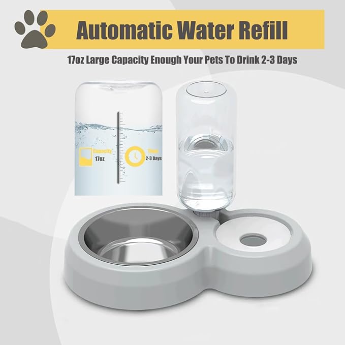 JAY D.L Double Dog Bowls, Cat Food and Water Bowl Set with Water Dispenser and Stainless Steel Bowl Gravity Feeder for Small or Medium Size Dogs Cats Rabbits (Grey)