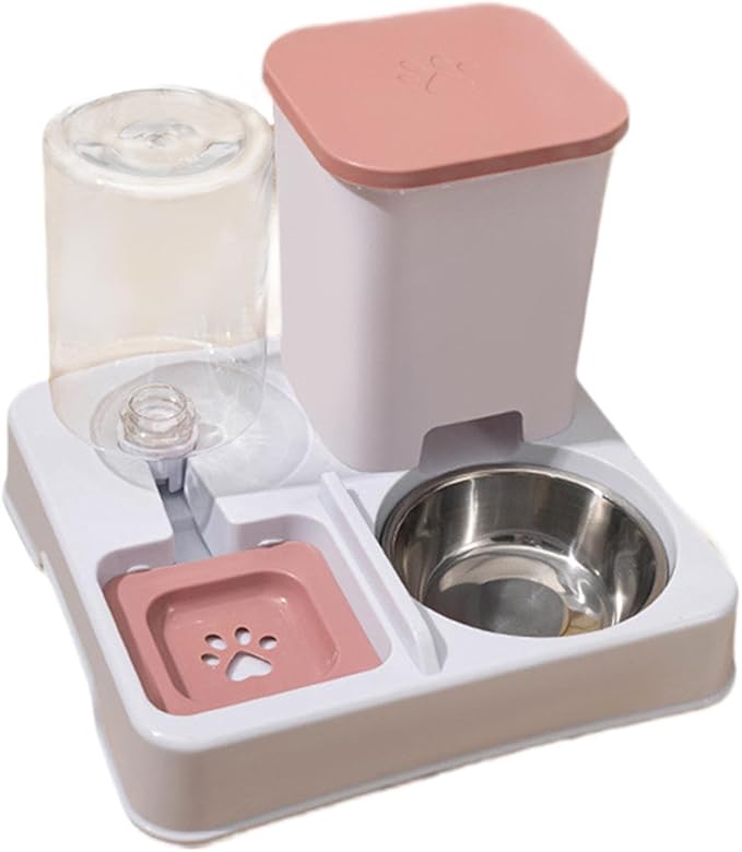 Automatic Dog Cat Feeder Dry and Wet Separation Smooth Surface Removable Eating and Drinking Bowl for Dogs Small Animal Puppy- Pink White