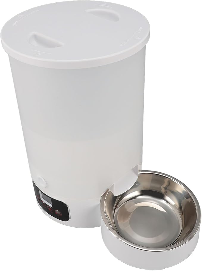 Dog Cat Automatic Feeder Visible Bucket Automatic Pet Feeder Stainless Steel Key Control for Home (White Single Bowl)