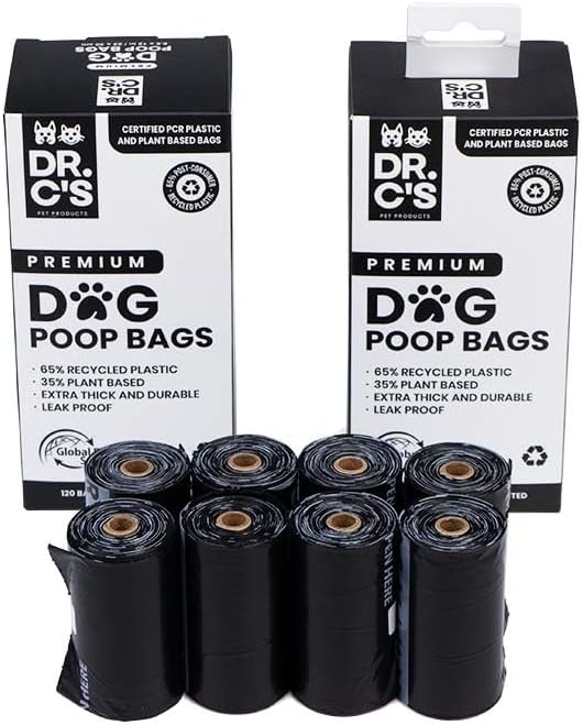 Certified 65% PCR (Post Consumer Recycled) Plastic and 35% Plant Based, ONE OF A KIND, Dog Poop Bags - 120 Bags / 8 Rolls, NO NEW PLASTICS USED, Unscented, Earth Friendly, USA Owned