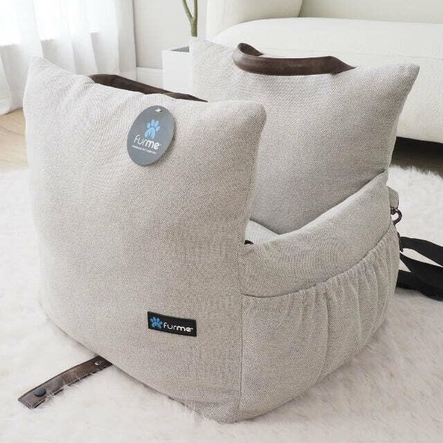 FurMe Classic Pet Car Seat & Travel Bed - Foldable Dog Car Seat, Dog Bed with Top Holders, Pockets & Washable Cover, Travel Pet Carriers - Oatmeal