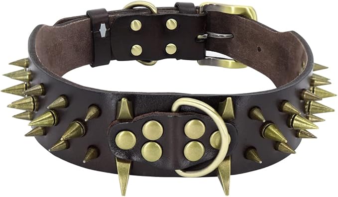 Spiked Studded Leather Dog Collars Wide Sharp Pitbull Big Dog Collar Adjustable for Medium Large Dogs Boxer Bulldog Red L XL Coffee XL