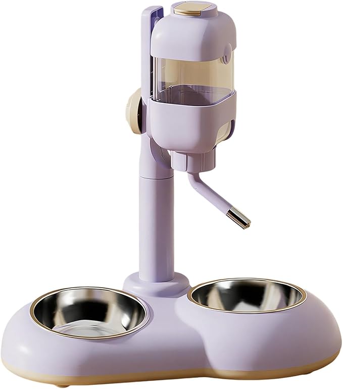 Pet Standing Water Dispenser Dog Bowl 2 in 1 Adjustable Height Pet Feeder Waterer with Two Steel Bowl for Ferrets Kittens Cat, Violet