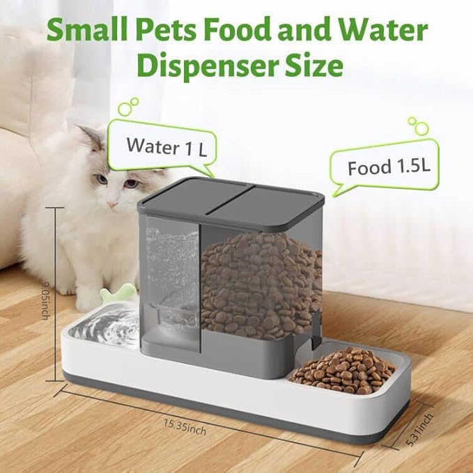 Yummy Sam Automatic Small Pet Feeder and Water Dispenser, 2 in 1 Gravity Cat Auto Pet Feeder and Waterer Set Feeder Dish for Small Medium Pets Dog Puppy Kitten (Grey)