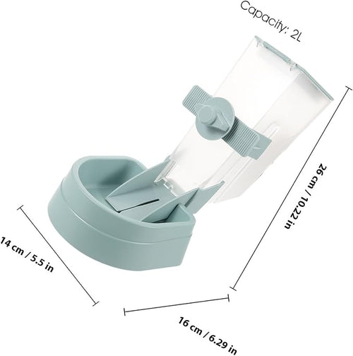 2L Automatic Hanging Dog Feeder Bowl, Blue Pet Food Dispenser for Puppies and Dogs, Portable Crate Mounted Feeding Station for Home and Travel