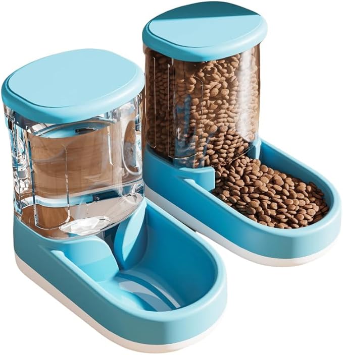 Gravity Pet Feeder & Water Dispenser Set (2Pcs), 1 Gallon Large Capacity Auto-Fill Top Fill Dog Cat Bowl, Fully Transparent Food Container with 6° Tilted Base for Healthy Feeding (Blue)