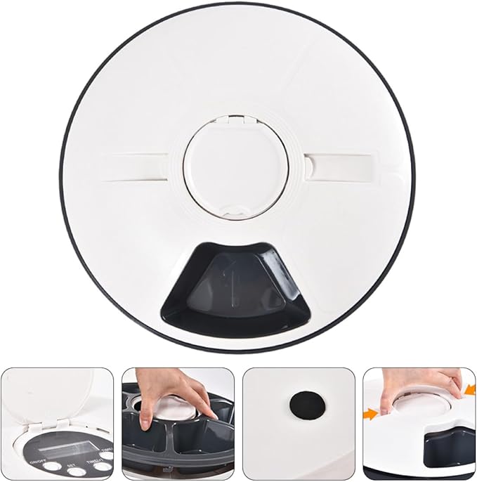 VICASKY Automatic Pet Feeder with Timer and 6-Compartment Feeding Bowl, Intelligent Dry Food Dispenser for Dogs and Cats, Gray-White Pet Feeding Supplies for Scheduled Meals