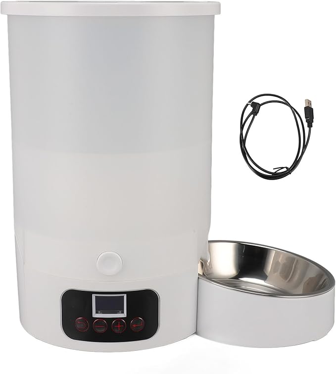 Dog Cat Automatic Feeder Visible Bucket Automatic Pet Feeder Stainless Steel Key Control for Home (White Single Bowl)