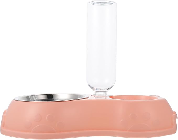 Kichvoe Automatic Pet Food and Water Dispenser Dual Bowl, Pink Plastic Feeder with Bottle for Cats and Dogs, Suitable for Home Feeding and Travel