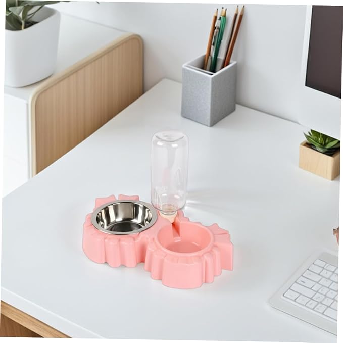 Double Dog Bowls Automatic Waterer Bottle for Pets Non-Slip Design for Cats and Dogs Easy Hydration and Feeding Station in Pink