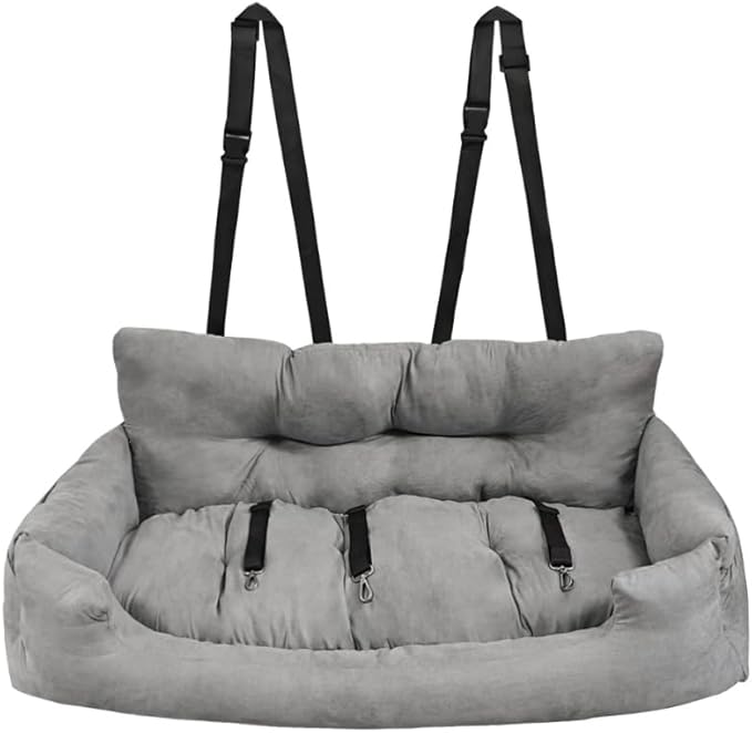 Dog Car Seat, Safe Cozy Travel Bed Carrier with Clip-On Leash, Storage Pockets, Water-Resistant & Machine Washable for Puppies(Light Grey 3 Seat)