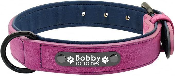 Personalized Dog Collar Custom Leather Dog Collars Inner Padded Pet ID Collar for Small Medium Large Dogs Pitbull Bulldog Purple XL