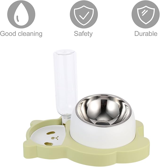 TOYANDONA Multi-Function Pet Feeder Bowl with Stainless Steel Cat Dog Food Holder and Automatic Water Dispenser, Splash-Resistant Green Bowl for Indoor Pets and Kittens