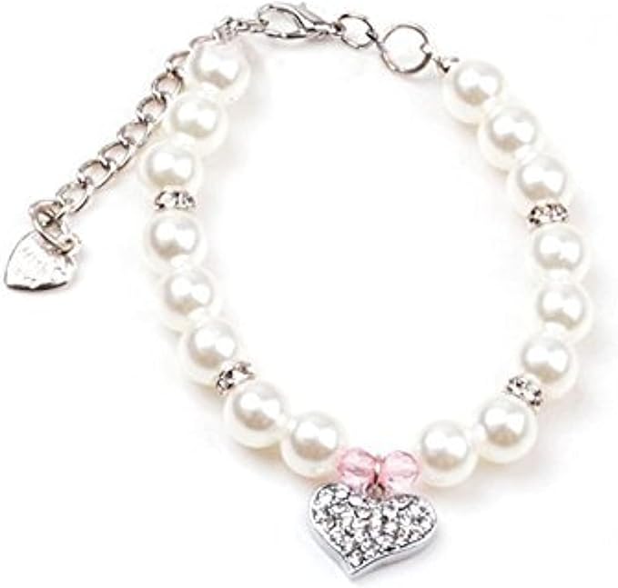 Fancy Pinky Crystal Heart Pet Cat Dog Necklace Jewelry with Bling Pearls Rhinestones Charm for Pets Cats Small Dogs Girl Teacup Chihuahua Yorkie Clothes Costume Outfits (8-Inch)
