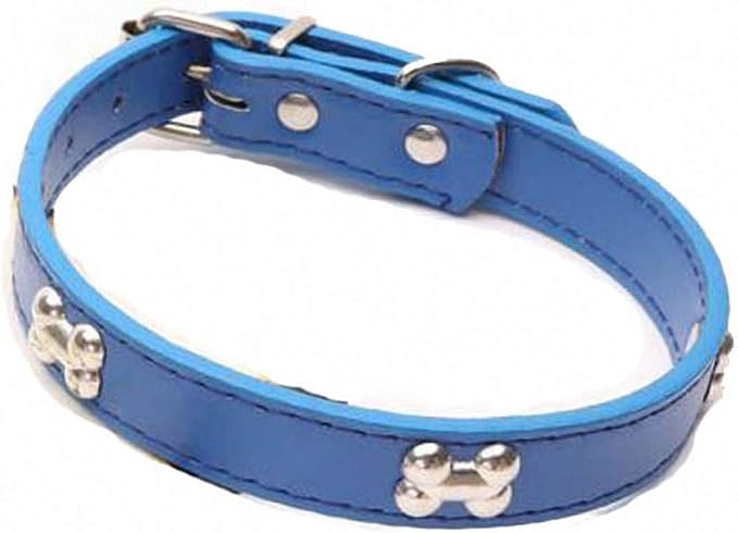 PU Leather Dog Collar Design Bone Charm Studded Collars for Dogs Necklace Pet Products Blue L