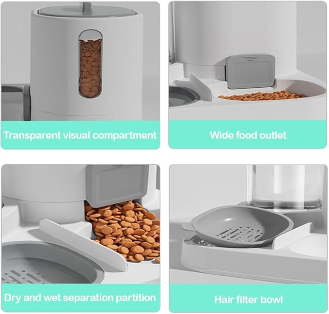 Gravity Cat Feeder and Water Dispenser, 2 in 1 Automatic Pet Waterer Detachable Food Bowls Set Pet Food Storage for Small Cat Kitten Dog Puppy Pet Easy Clean (Grey)