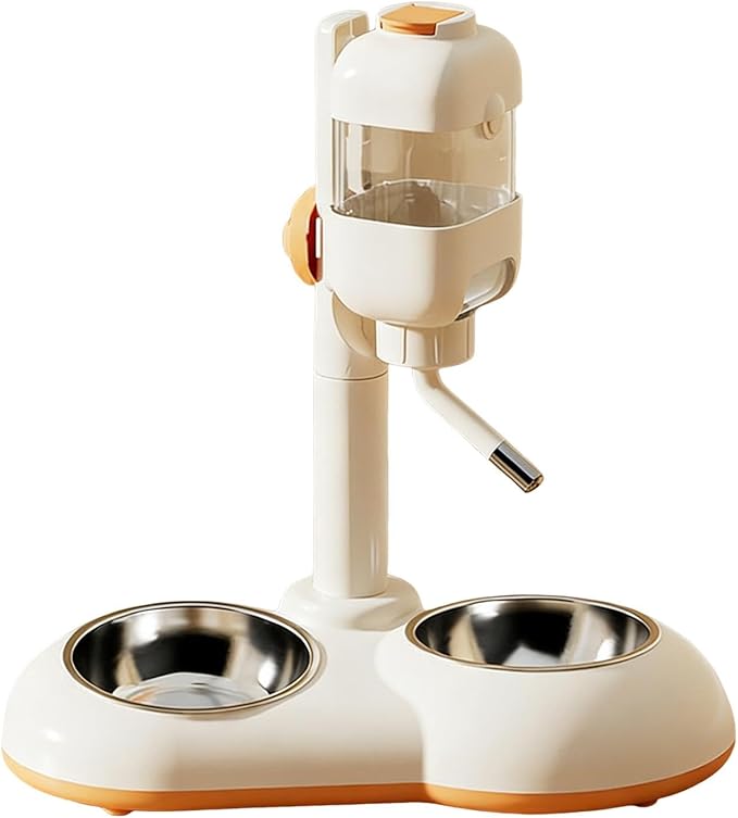 Pet Standing Water Dispenser Dog Bowl 2 in 1 Adjustable Height Pet Feeder Waterer with Two Steel Bowl for Ferrets Kittens Cat, White