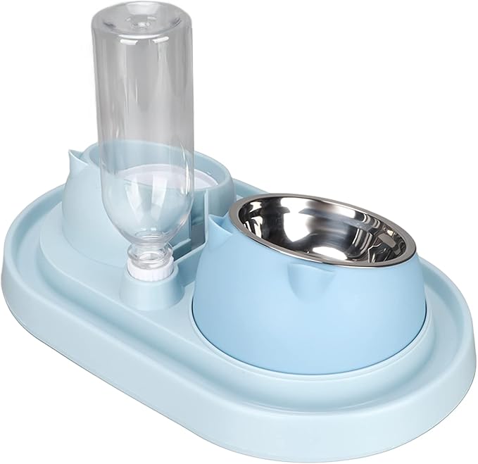 Double Dog Cat Bowls, Raised Pets Food and Water Bowl Set with Automatic Water Dispenser Bottle, Detachable Stainless Steel Bowl Pet Feeder for Small Medium Dogs and Cats Puppy