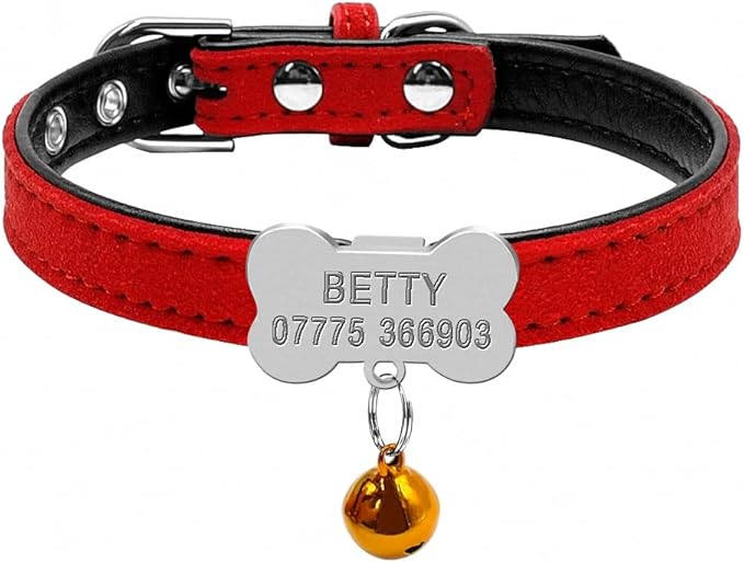 Personalized Chihuahua Collar for Small Dog Adjustable Padded Pet Collars with Bell for Small Medium Cat Dogs Red Bone S