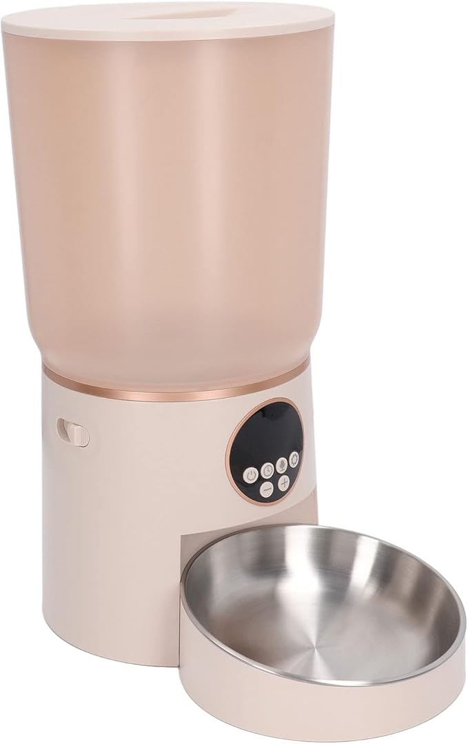 Automatic Pet Feeders, 5L Dual Power Support Smart Timing ABS Cat Dog Food Dispenser with Stainless Steel Bowl (Button
