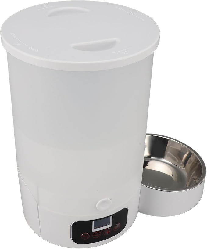 Dog Cat Automatic Feeder Visible Bucket Automatic Pet Feeder Stainless Steel Key Control for Home (White Single Bowl)