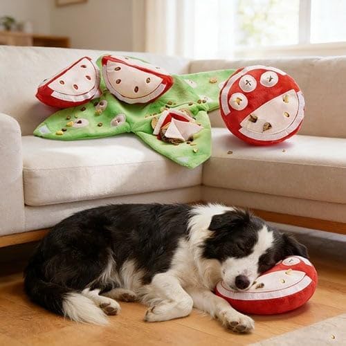 Orange Hide and Seek Plush Dog Toy, Interactive Squeaky Puzzle Toy with Hidden Pockets & Crinkle Paper, Watermelon Snuffle Mat for Small Medium Dogs Boredom Nosework (Orange Watermelon)